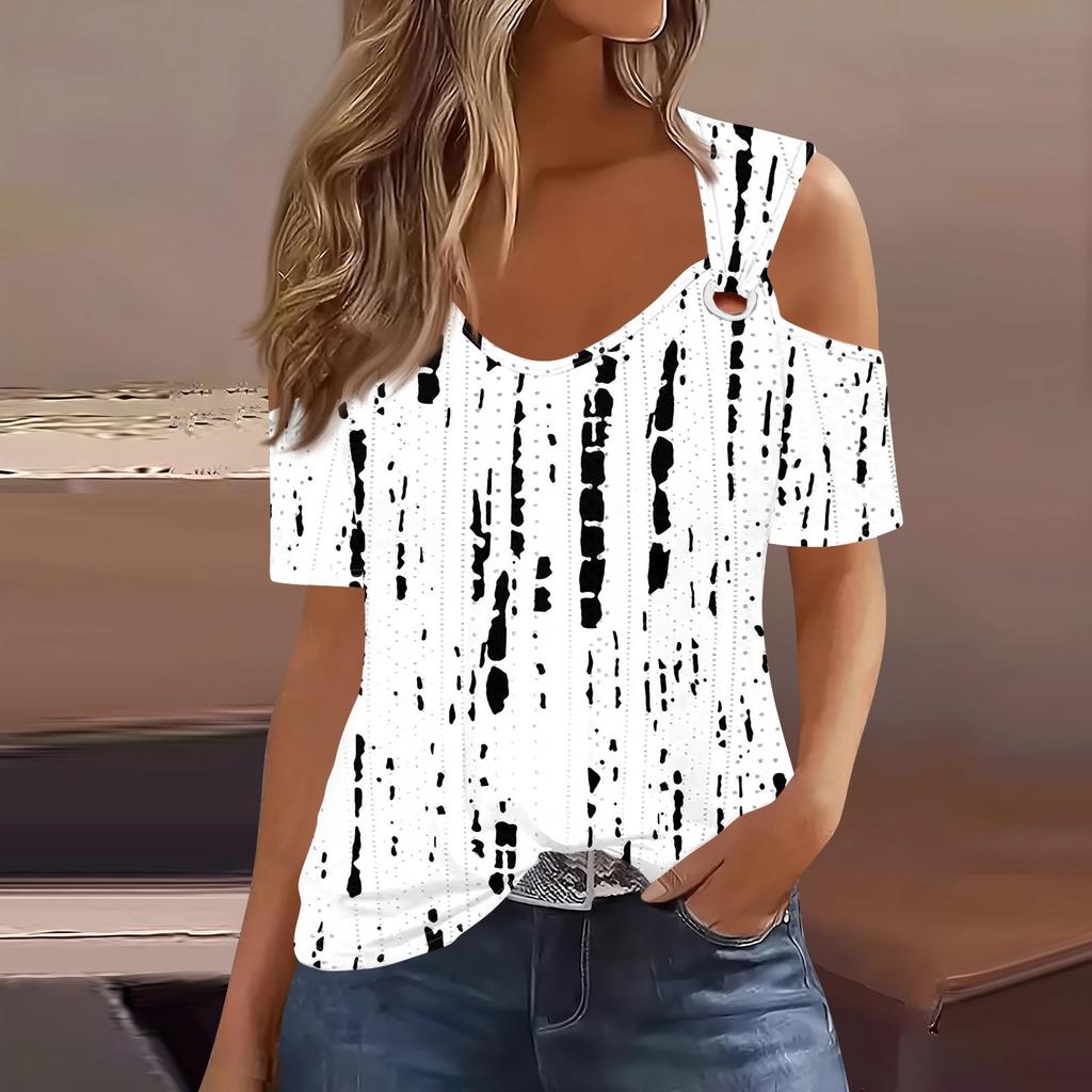 Sexy Cold Sholuder Tops For Women Summer Hollow Out Eyelet Short Sleeve Blouse Loose V Neck Tshirt Trendy Casual Tunics