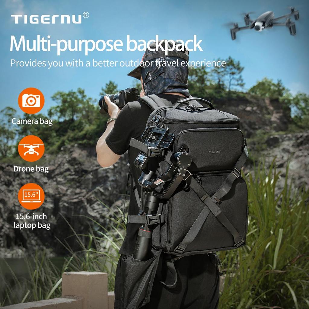 Tigernu Mochila masculina com câmera, mochila para laptop de 15,6 polegadas, pacote de drone, capa à prova d'água, mochila de viagem