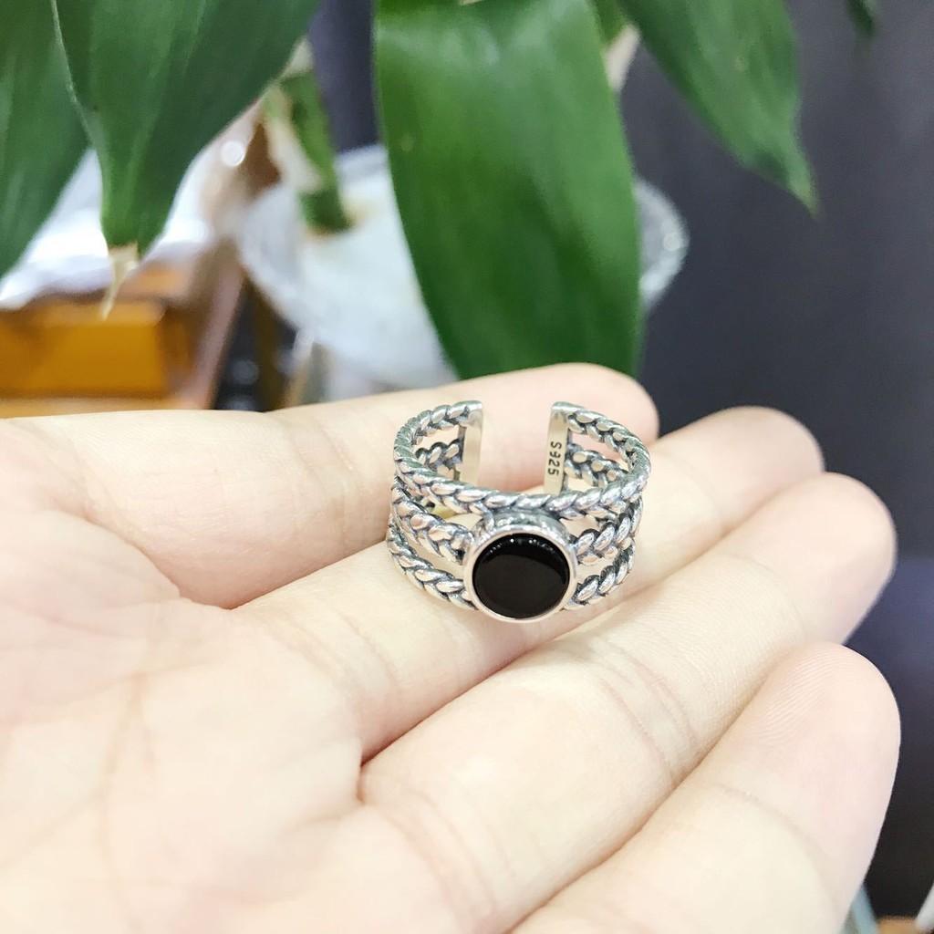 

Серебряное кольцо S925 в три ряда для женщин, шикарный корейский стиль, ретро-дизайн с драгоценным камнем, черное