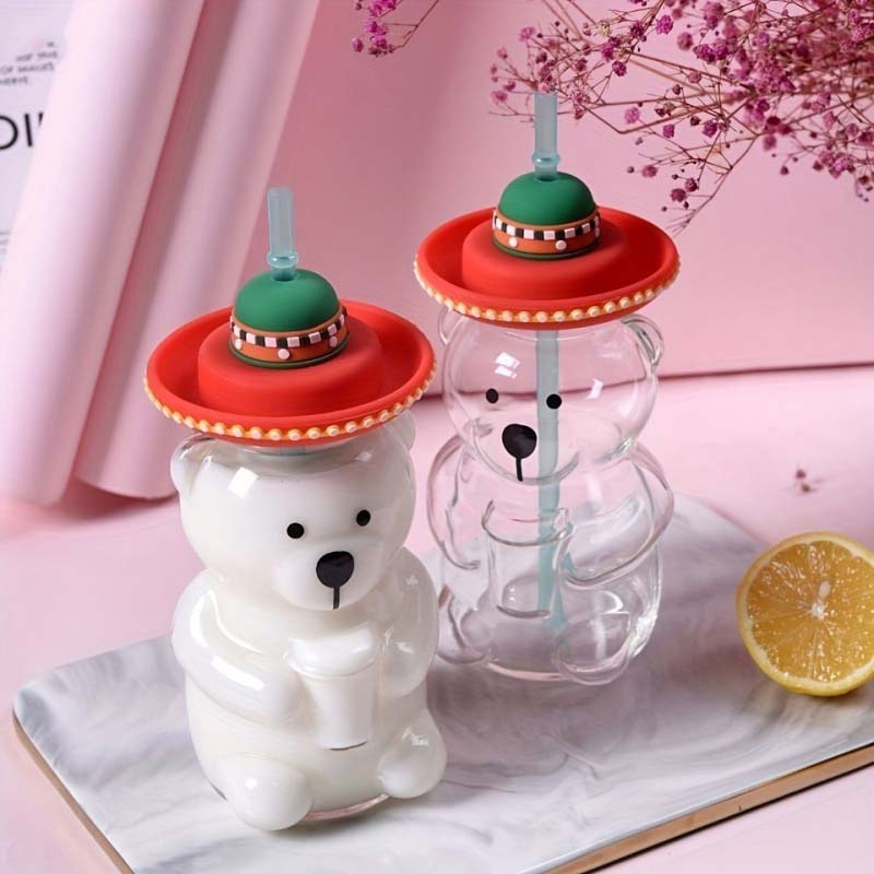 Niedlicher Bär Glasbecher für Kinder Hochtemperaturbeständige Transparente Gläser mit Strohhalmdeckeln Kaffeetassen Getränke Trinkgeschirr Geschenk