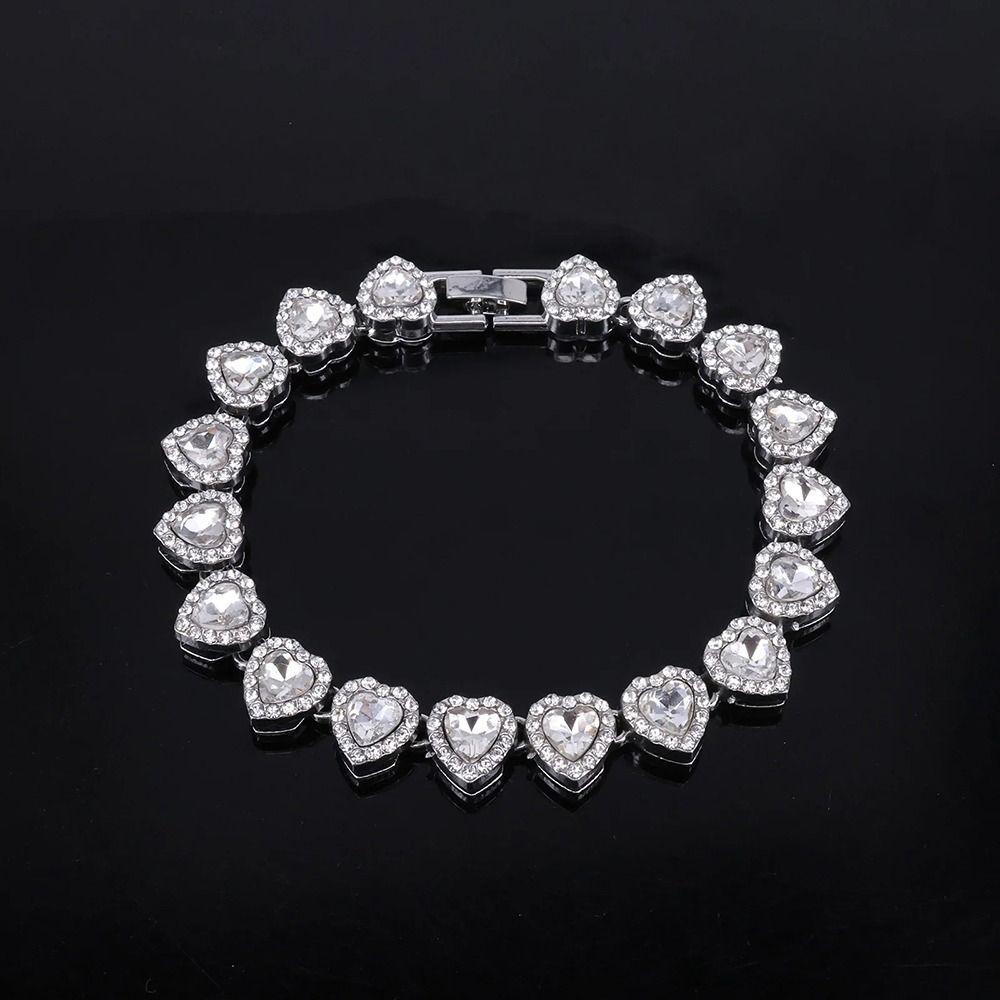 1Pcs Heart-shaped Chain Bracelet Alloy Rock Party Jewelry Durable Rhinestone Necklace