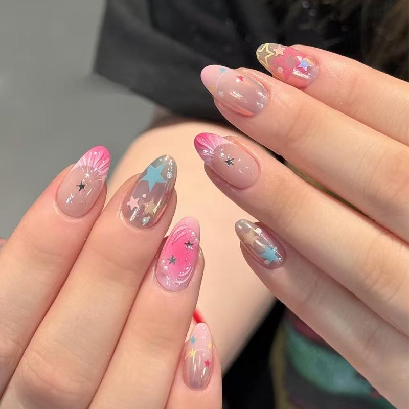30-Piece 3D Almond Seashell Star Rhinestone Press-on Nails with Exquisite Color Painting.