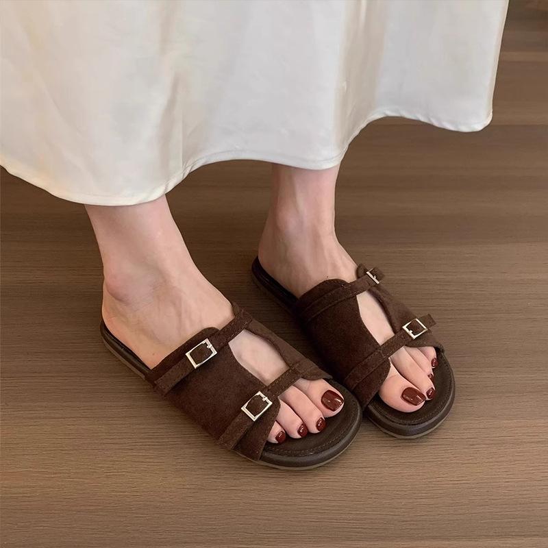 Korean Version of Silver Slippers Women's Summer Wear New French Retro One-word Sandals Holiday Seaside Beach Flat Sandals