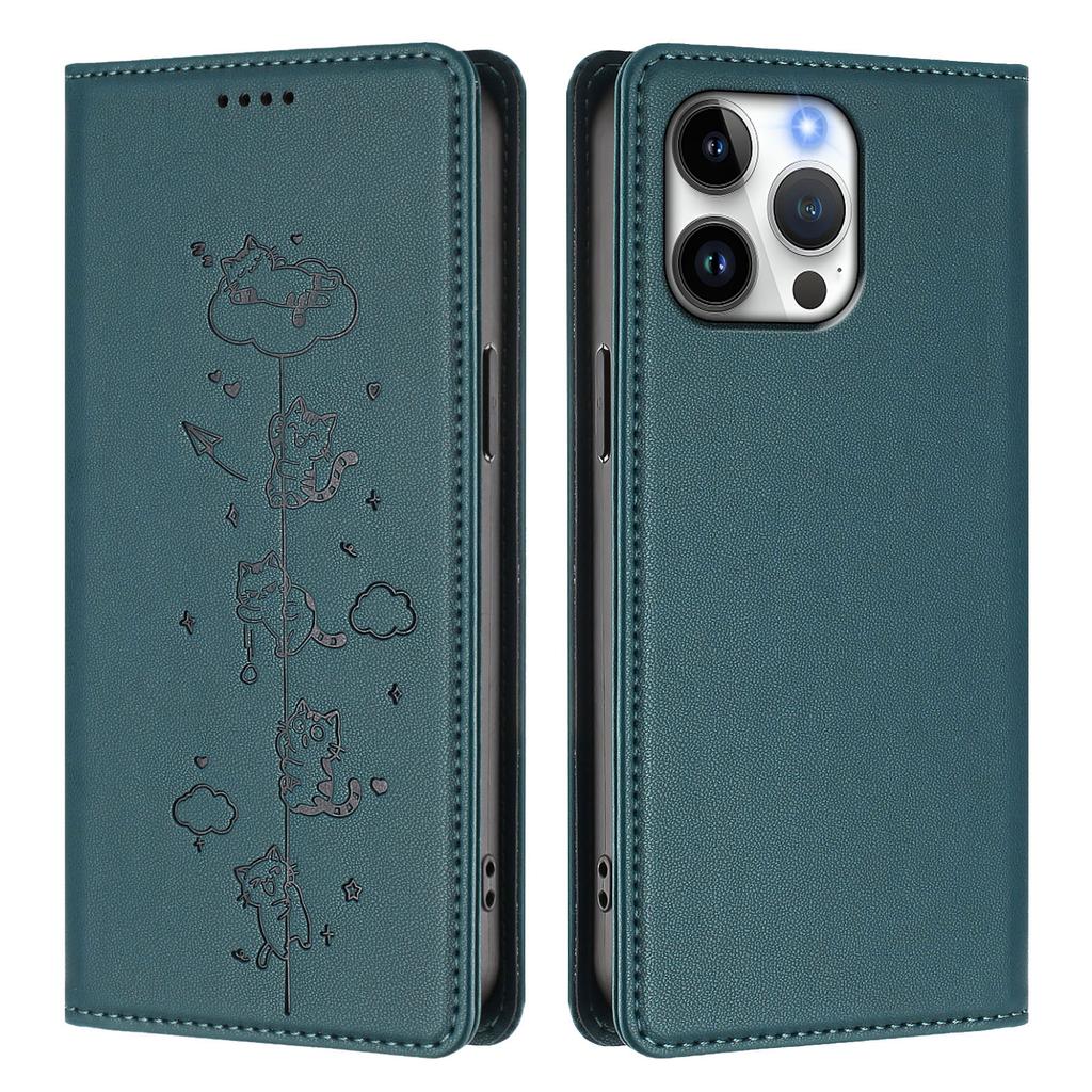 For iPhone 16 Pro Max Case RFID Blocking Wallet Stand Imprinted Cat Pattern Leather Phone Cover