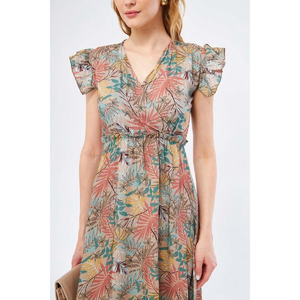 Vestido midi beige para mujer, cuello cruzado, volantes en los hombros, cintura elástica, largo midi, mangas 24y001020