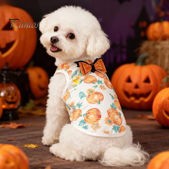 Dog T-shirt Halloween Pet Costume, Pumpkin Print Vest for Small Dogs Cats, Glitter Bow Festive Costume Tie Puppy Outfit, Cute Clothes Party