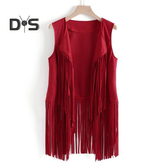 Women Cardigan Tassel Fringed Solid Color Open Stitch Vintage Western Cowboy Cosplay Hippie Sleeveless Stage Performance Role Play Lady Waistcoat