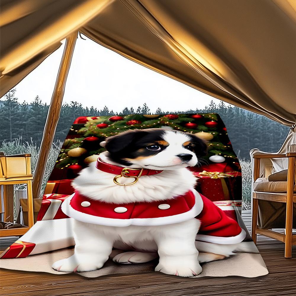 1pc Christmas puppy Outdoor Flannel Blanket , Machine Washable Perfect Gift for Birthday , Holiday Travel Accessory , Durable Material