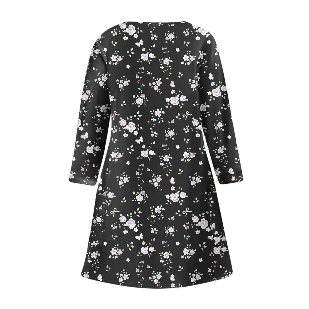 Damenmode Lässig V-Ausschnitt Blumendruck Tasche Dreiviertelarm Kleid