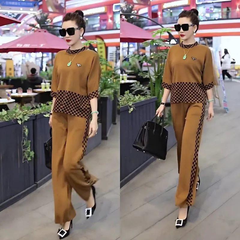 2025 Spring/Summer European Women's Spliced Plaid Sweatshirt & Wide-Leg Pants Set