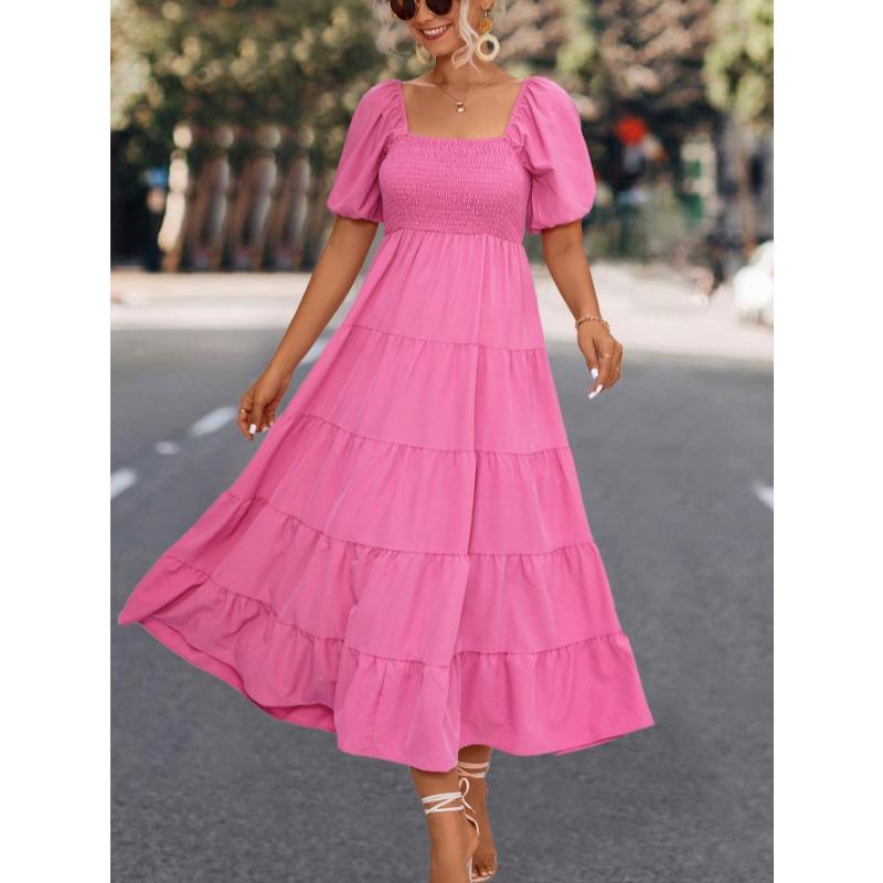 Short Sleeve Square Collar Summer Dress Women Fashion Pleated Elegant Ruffled Long Dresses Women Hight Waist Loose A-line Ladies Dress Clothes 809