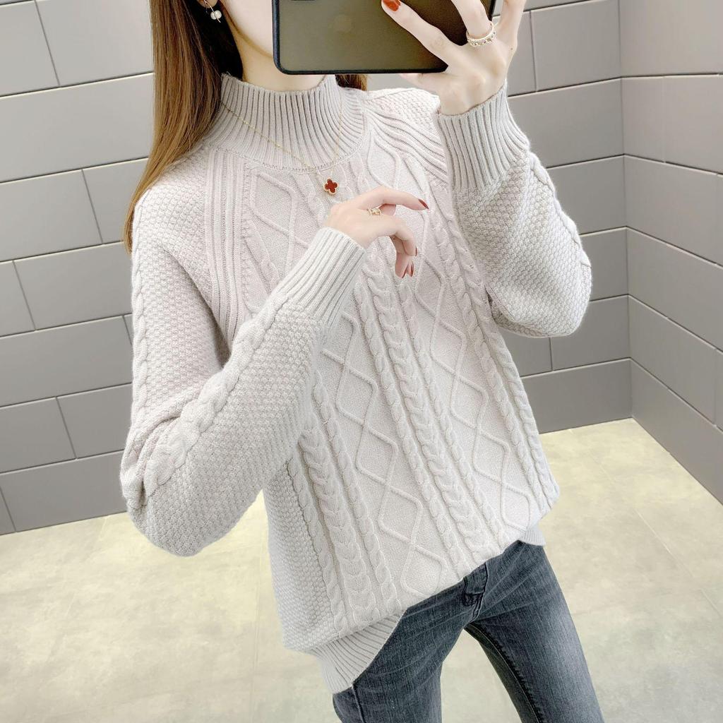 Autumn/Winter Stylish Half-High Neck Loose Thick Knit Sweater for Women