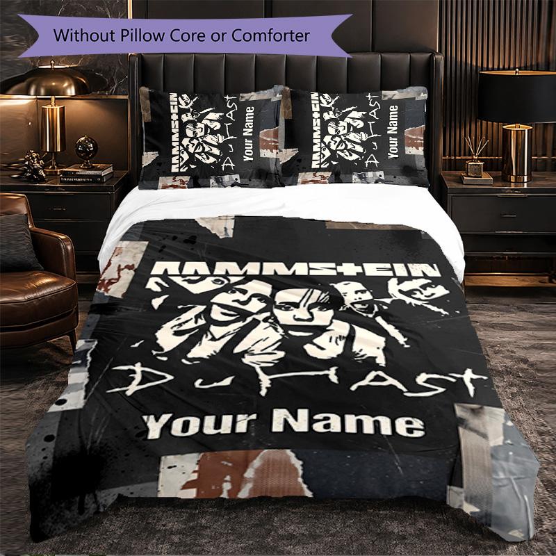 Rammstein Customized Name Text Bedding Set, 1 Duvet Cover & 2 Pillowcases Personalized Bedroom Gift