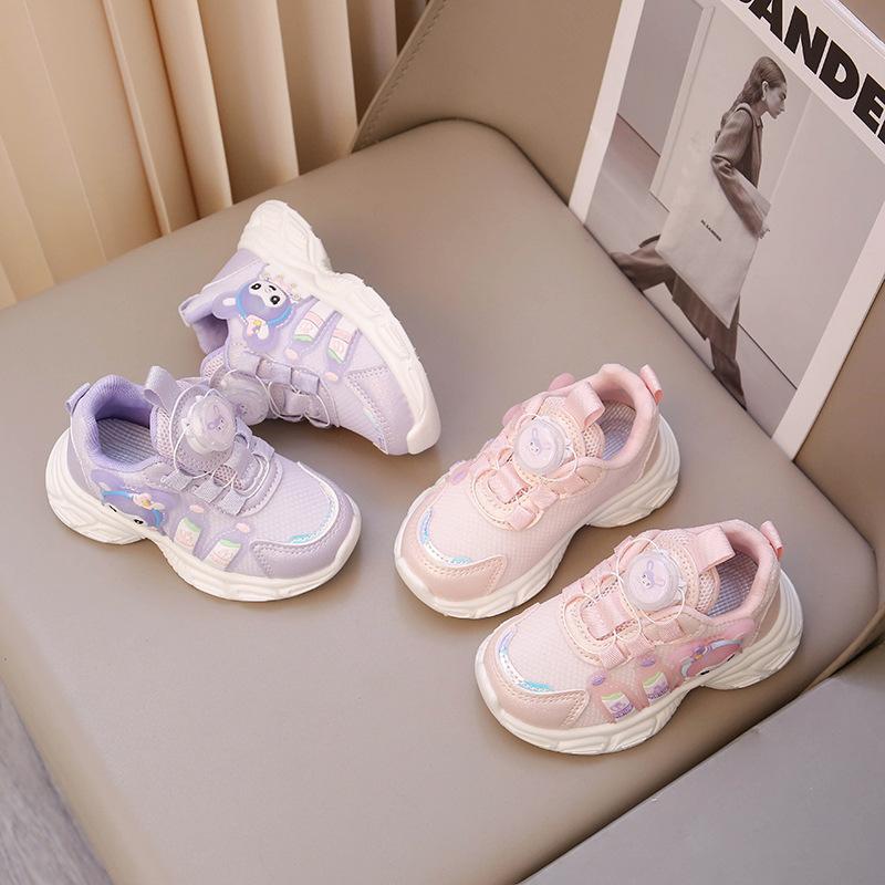 Girls' Sneakers 2025 Spring New Children's Leather Rotating Button Shoes Lightweight Shock-absorbing Flash Shoes
