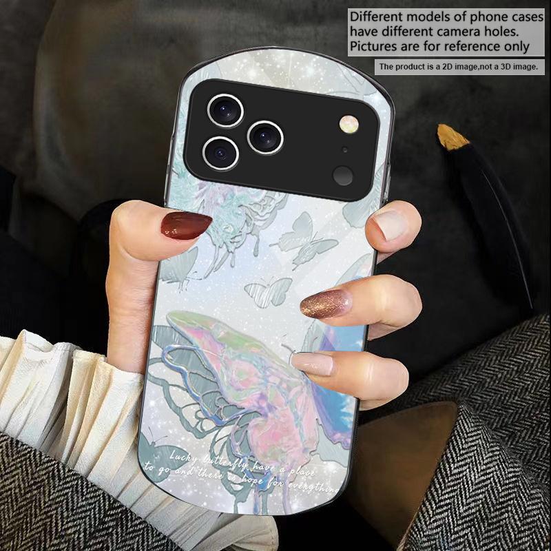 Lucky Butterfly Painting For iPhone 17 Air 16 15 14 Pro 13 Plus 12 Mini 11 Pro Max XR X 7 8 Elliptical Tempered Glass Phone Case
