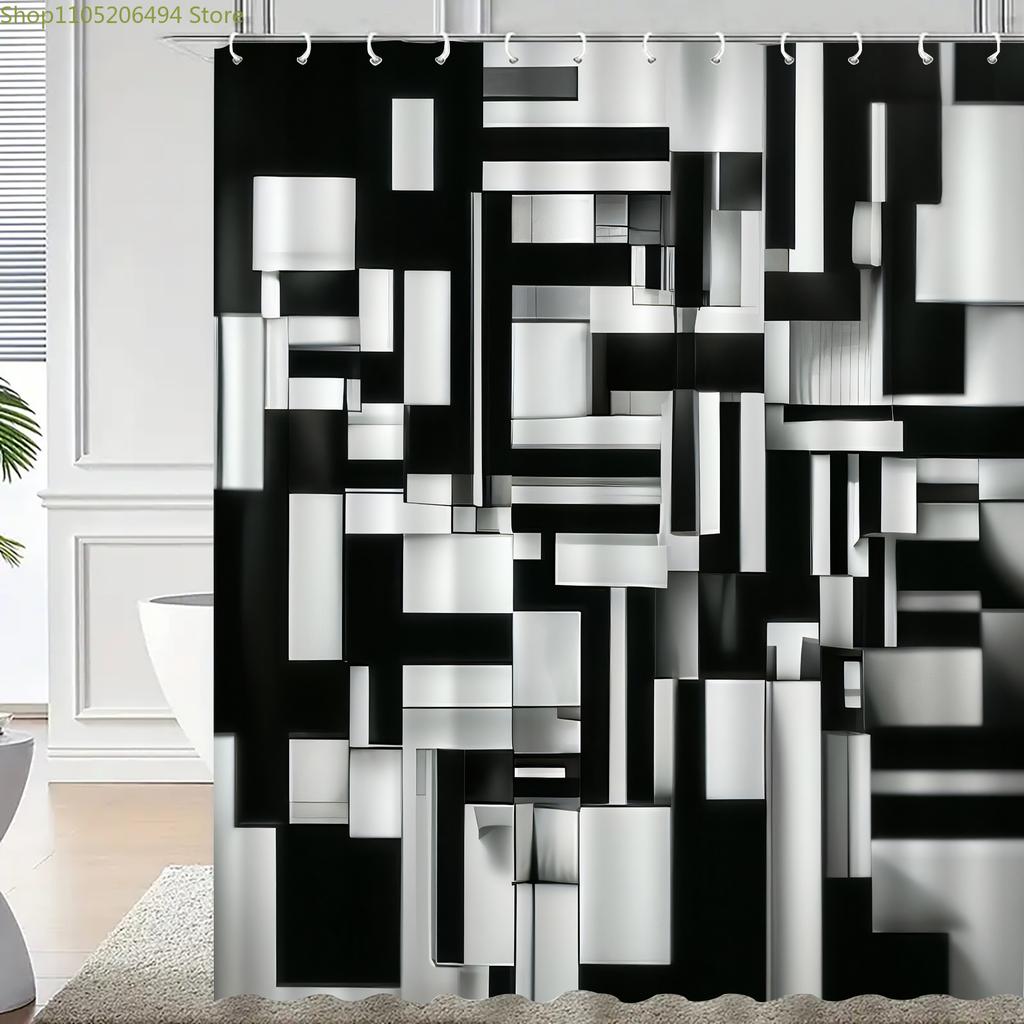 Modern Black and White Geometric Waterproof Mildew-Resistant Shower Curtain - Abstract Design for a Stylish Bathroom Décor