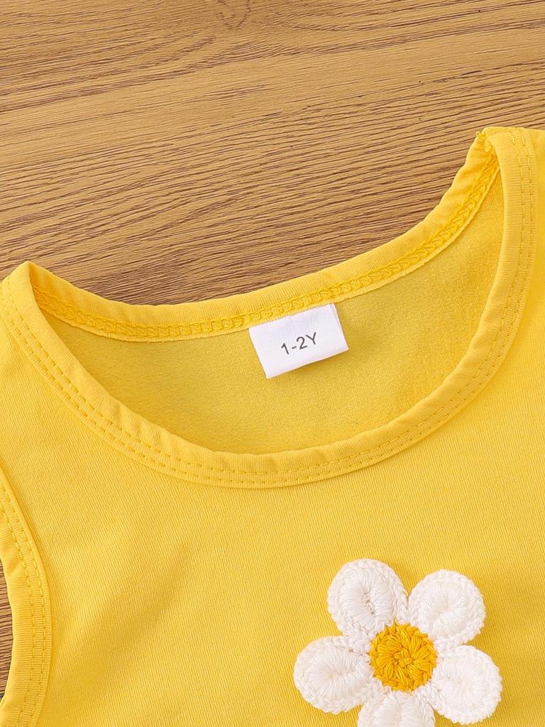 Yellow Sleeveless Top & Denim Skirt Set with Daisies for Girls
