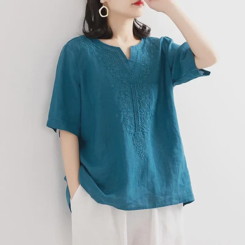 Dam Broderad Bomull & Linne V-ringad Kortärmad Lös Pullovertopp