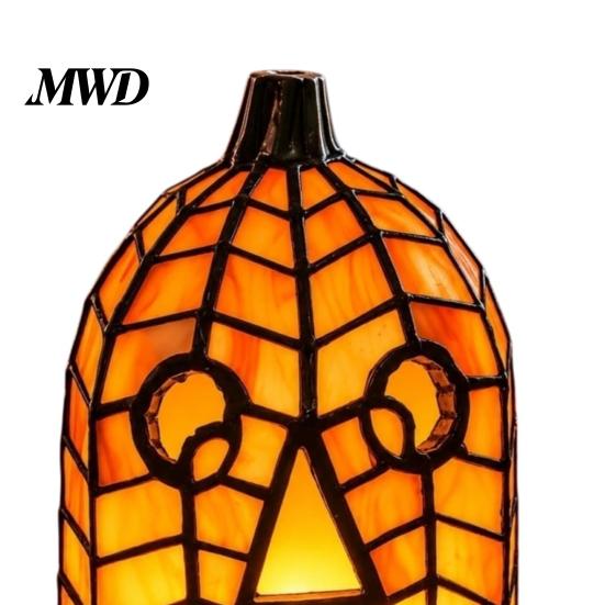 Eerie Demonic Face Sculpture Stained Glass Pumpkin Lamp, Halloween Fall Table Lamp with Warm Glow, Crafted Resin Lantern USB Powered Orange