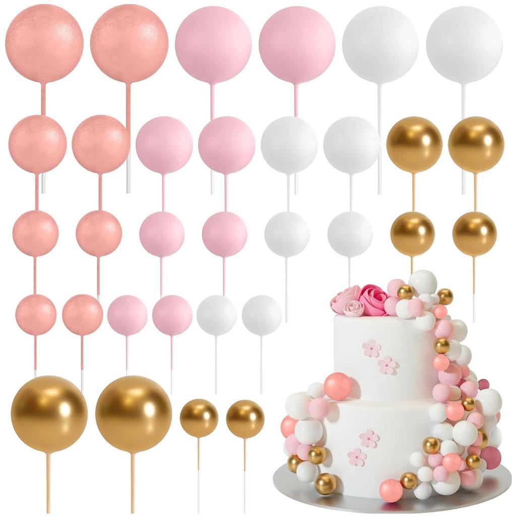 32PCS Boho Gold White Khaki Foam Balls for Cake Decorating DIY Wedding Birthday Party Cupcake Toppers Bridal Shower Decor