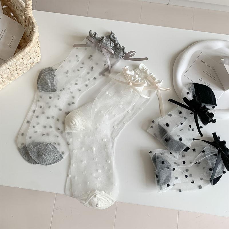 1 Pair Sweet Korean Fashion Summer Calf Sock for Girl Simplicity Cute Dot Transparent Sock Soft Nylon Breathable Bow Silk Sock