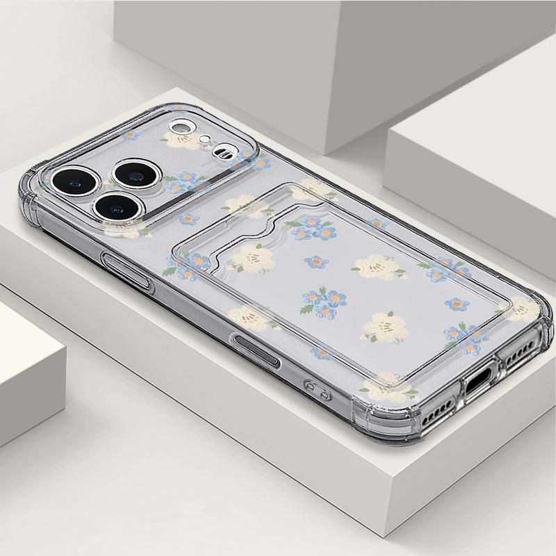 Insert the Card Small Flowers Pattern Case For iPhone 16 Pro Max Funda iPhone 17 Air 15 14 13 12 Pro Max 11 Silicone Cover