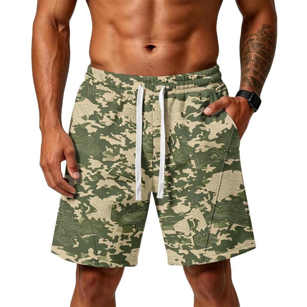 Herren lockere Camouflage-Print Sportshorts mit Taschen für Fitnessstudio Training Laufen Strandbekleidung Kordelzug Taille