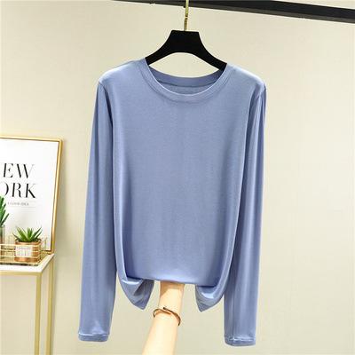 Damen Modal Langarm T-Shirt Rundhalsausschnitt Einfarbig Schmale Passform Basic Unterhemd Dünn Vielseitig Lässiges Oberteil
