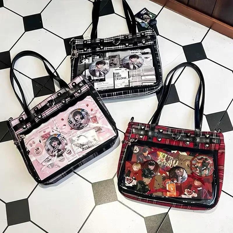 Women Fashion Checkered Pattern Retro Ita Bag Cute Girl Transparent Large Capacity Tote Bag New Shoulder Bag DIY Display Handbag