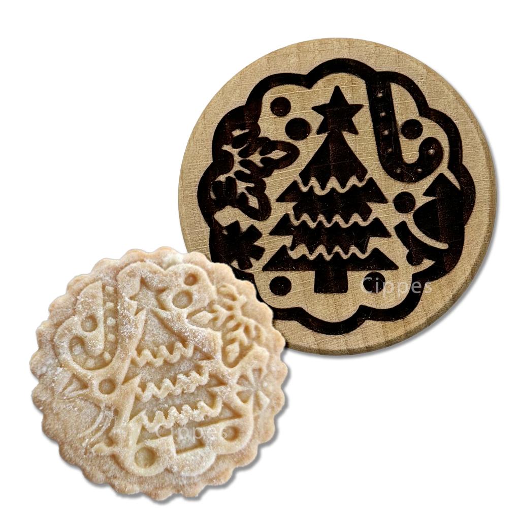 Wooden Cookie Stamp Cookie Mold for Christmas, with Reindeer Snowman Pattern, Round Embosser Baking Tools for Biscuit Cutter