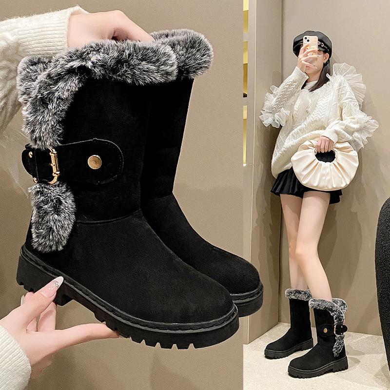 Winter snow boots women's thick-soled solid color plush plush decorative medium tube casual boots fashionable warm women's boots