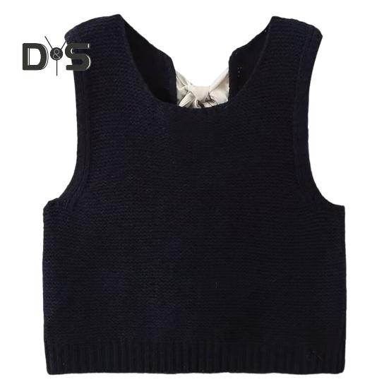 Women Knitted Vest Round Neck Sleeveless Crop Tank Bow Tie Decor Hollow Back Solid Color Short Sweater Vest
