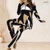 Women Plus Size Blue Green Printed Long Sleeve Front Zip Longline Top And Fitted Pants Two Piece Set