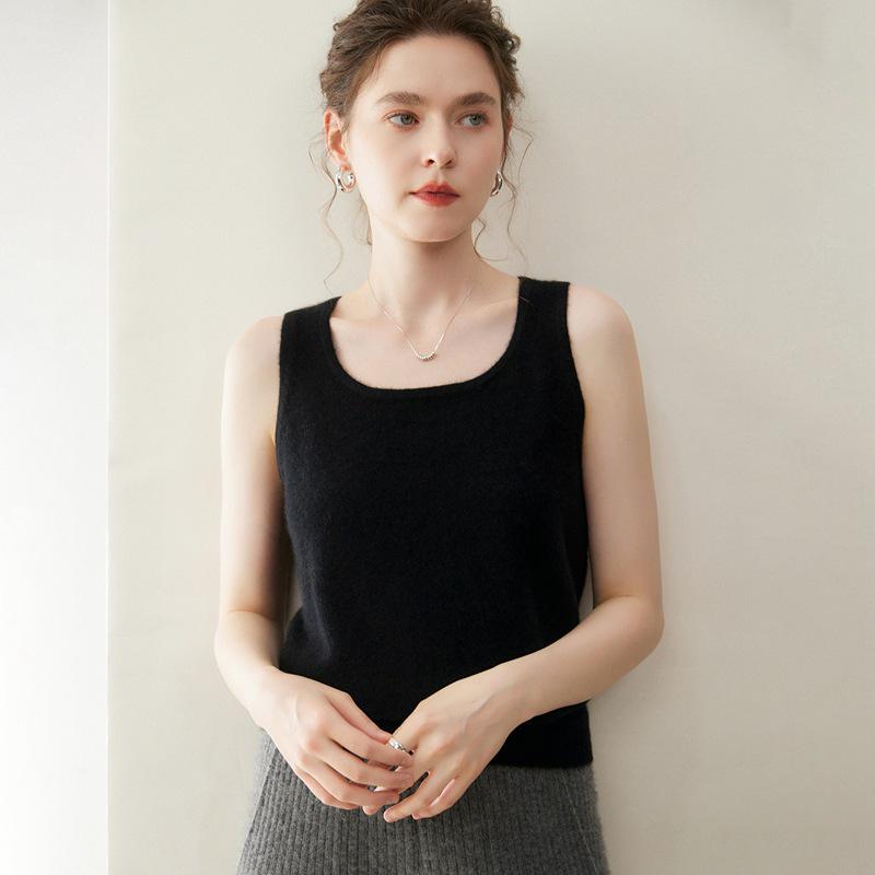 Little Goat 100% Pure Cashmere Women's Knit Vest - Baby Cashmere Warm Camisole, 12 Gauge, Plain Crew Neck