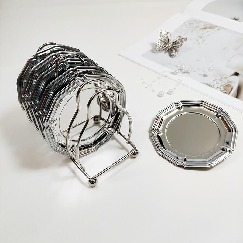 6PCS/Set Round Stainless Steel Coaster Silver Cup Mat with Storage Rack Coffee Tray Cake Dessert Plate Gift