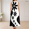 Women Plus Size Round Neck Sleeveless Maxi Dress Black White Swirl Printed Triple Keyhole Cutout