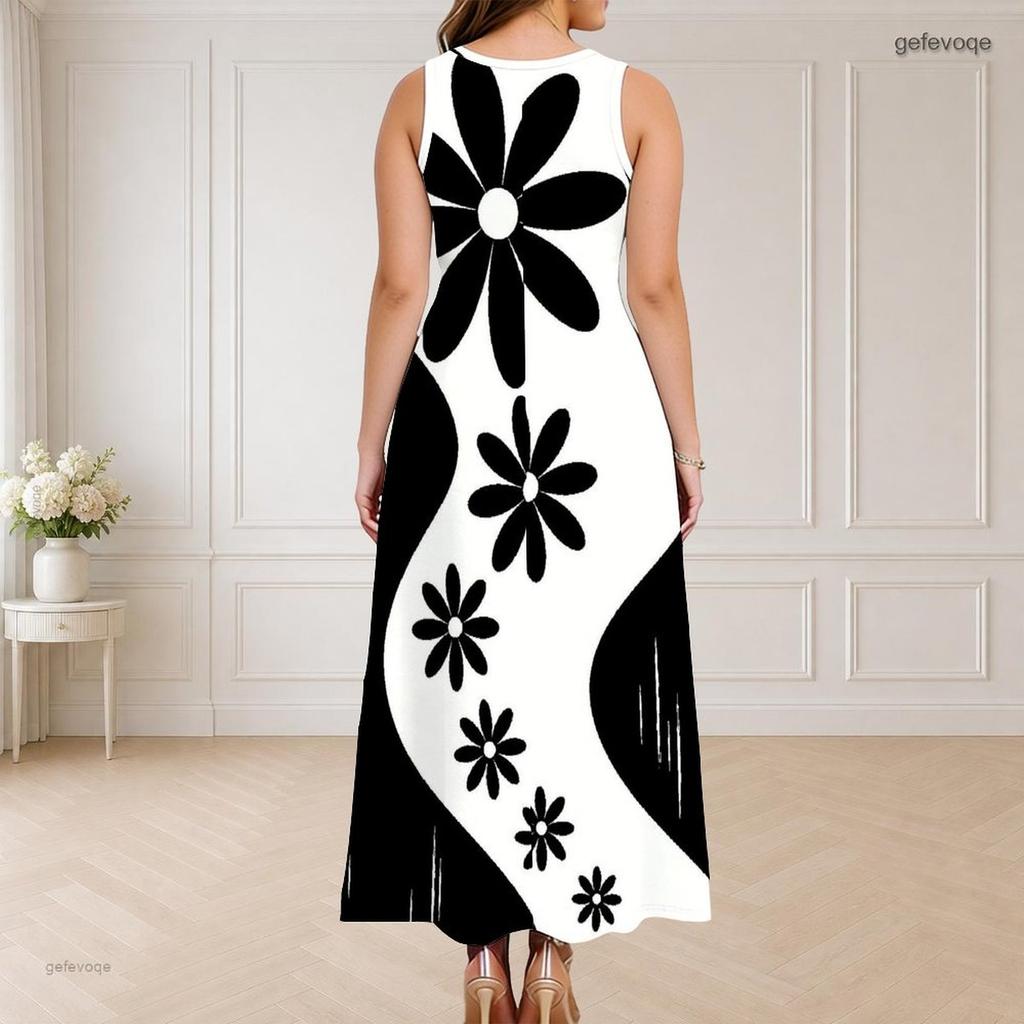 Women Plus Size Round Neck Sleeveless Maxi Dress Black White Swirl Printed Triple Keyhole Cutout