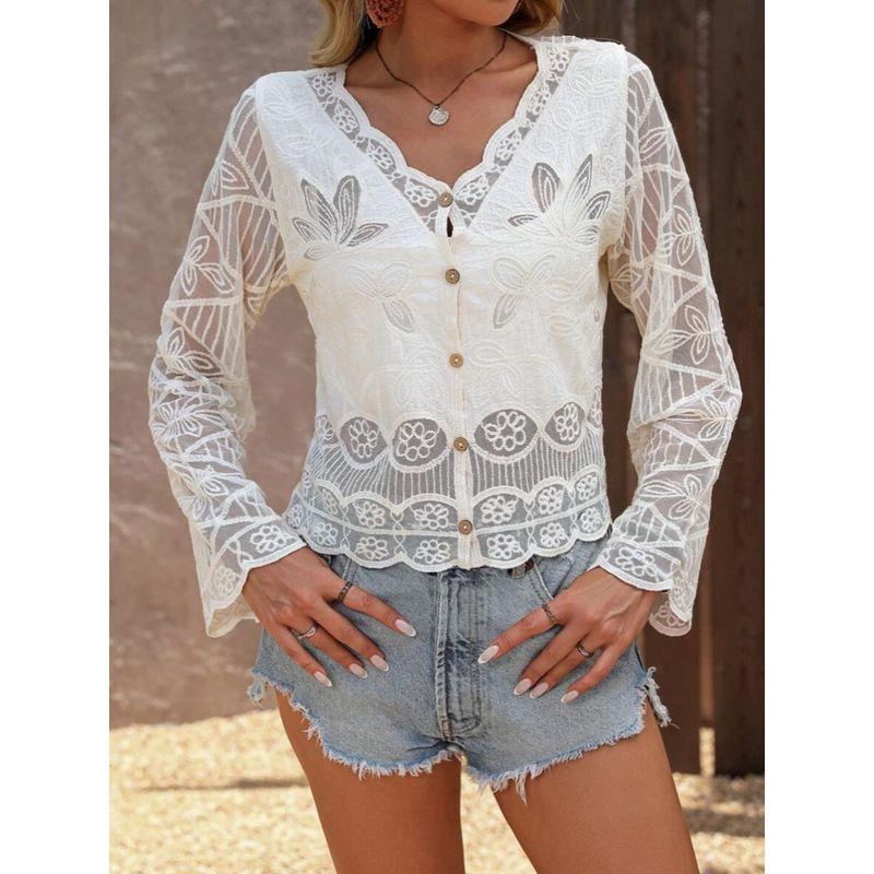 New Arrival Fashion Lace V-neck Single Breasted See-through Lace Crochet Cut Out Cardigan Long Sleeves Sun Protection Shirt for Air Conditioned Rooms