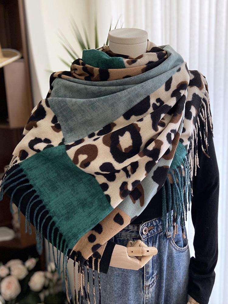 Women Winter Retro Knitted Scarf Ladies Leopard Plaid Print Tassel Scarve Mujer Foulard Wrap Shawl Unisex New Imitation Cashmere
