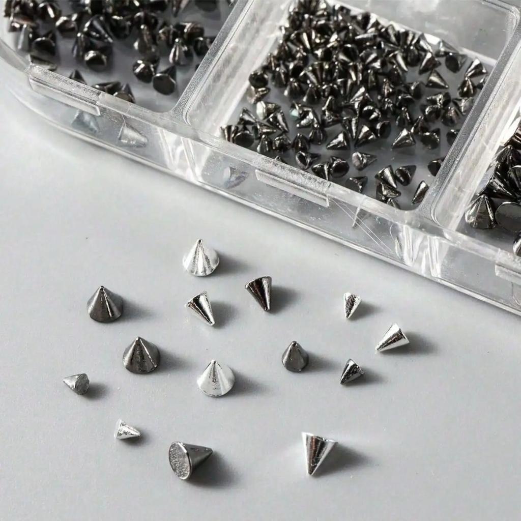 Edgy Y2K Goth Grunge Nail Charms – Spike Cone Rivet Studs in Black Silver Gold, Punk Alloy Nail Art Accessories Kit