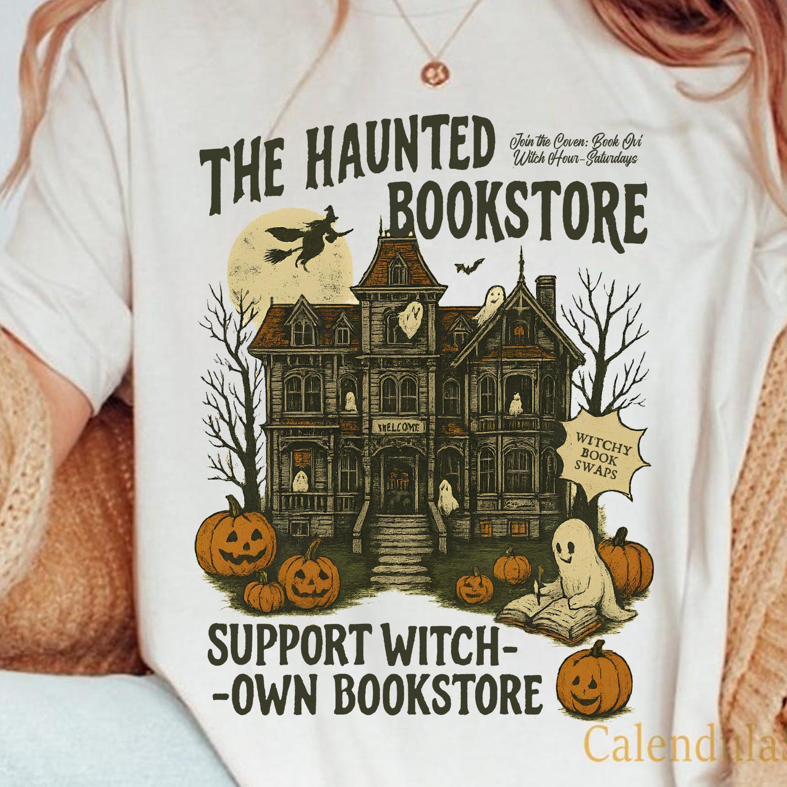 Haunted Bookstore Shirt, Welcome To The Bookstore, Witchy Halloween Merch, Literary Coven Shirt, Book Lover Tee, Retro Halloween Bookish L