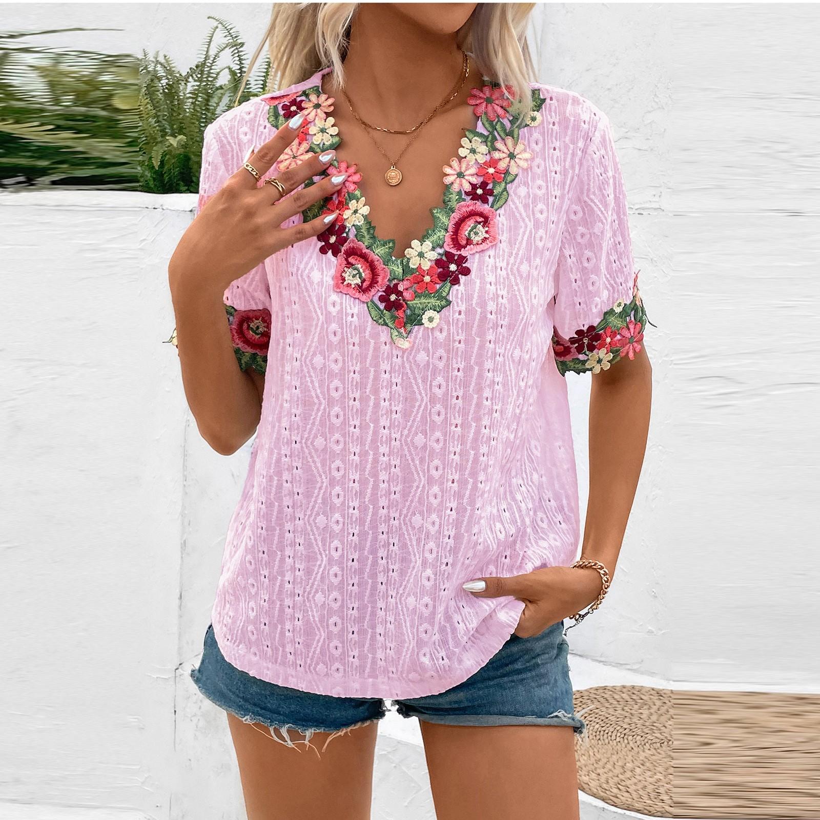 

Женская летняя модная новая кружевная футболка с короткими рукавами и глубоким v-образным вырезом L розовый