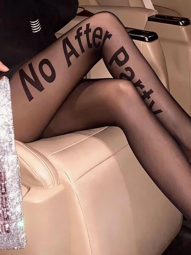1 Pc Women'S Black Sheer Tights Letter Print, Versatile Hosiery For Daily Casual Wear & Subculture Outfits