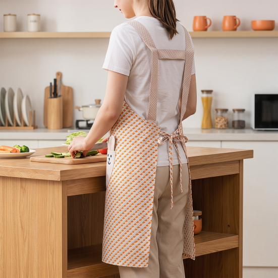 Plaid Bib Apron with Rabbit Embroidery Pocket Waterproof Oil-Proof Kitchen Apron for Cooking Baking