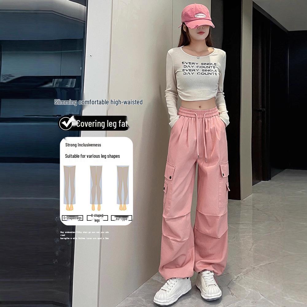 Damen High-Waist Retro Washed Baumwolle Cargohose, Lockeres Gerades Bein, Bodenlang, Aufgeschlagener Weiter Beinabschluss, Frühling Schlankmachender Stil.