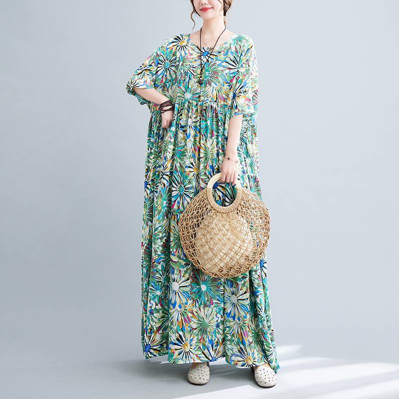 

Johnature женское весеннее повседневное винтажное платье с круглым вырезом и принтом, индивидуальное свободное платье в стиле ретро с половиной рукавом One Size зелёный