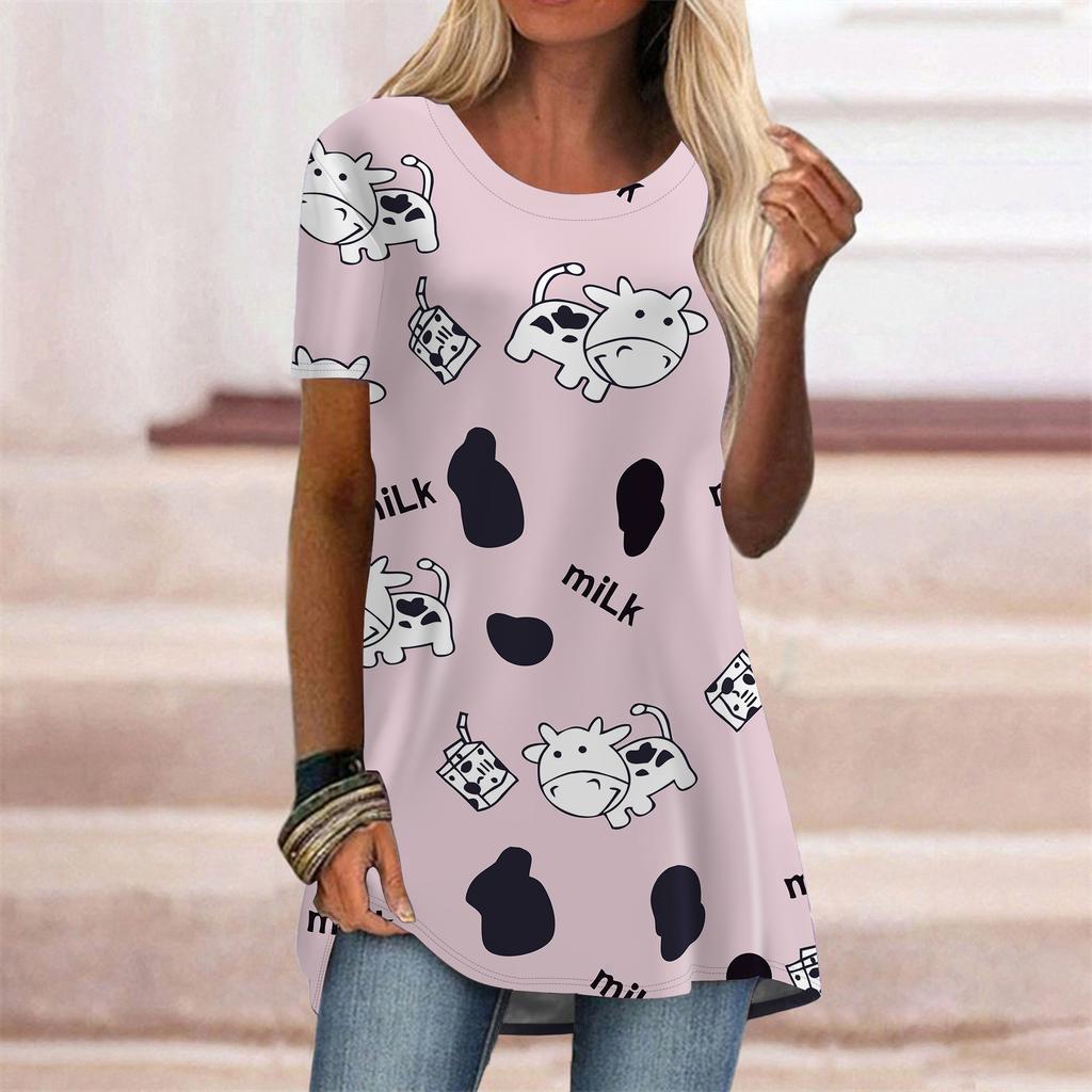 Plus Size Women Summer Sexy Lips Printed Comfy Short Sleeve Round Collar T-shirt Casual Baggy Mid Length Tee Tops
