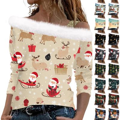 Kadın Günlük Uzun Kollu Omuzdan Askılı Noel Baskılı Peluş Moda Üst