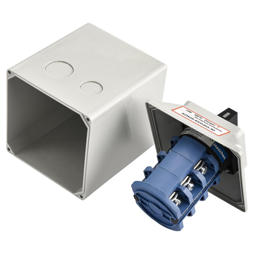 Heschen Universal Rotary Cam Selector Changeover 660V 3 Three Phase 12 with Master Switch Outer Box Switch, SZW26-63/D303.3D, 63A, ON-OFF-ON Position,