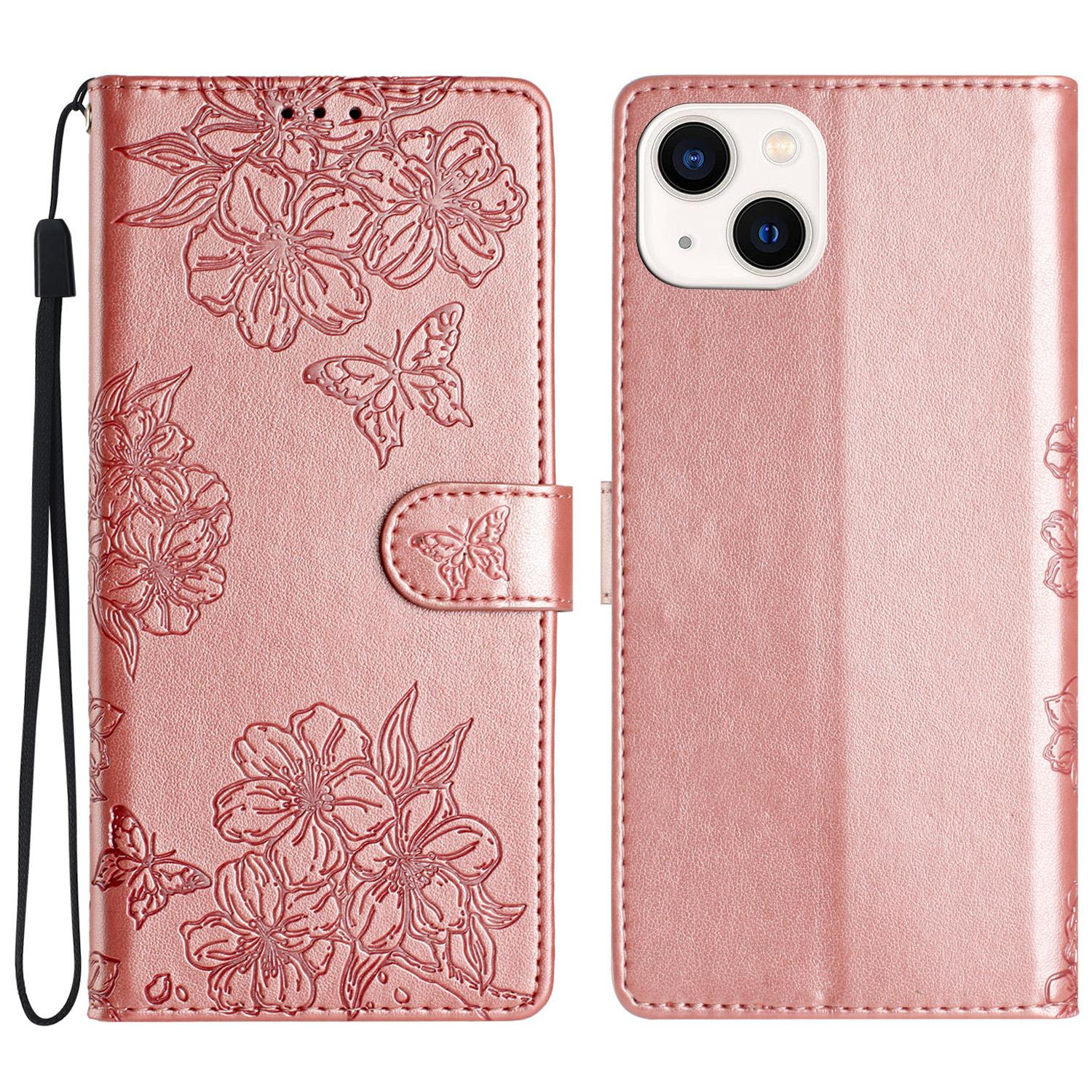 

For iPhone 15 Plus PU Leather Phone Case Skin-Touch Feeling Imprinted Pattern Wallet Phone Cover Rose Gold
